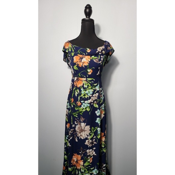 Chocolate Floral Maxi Dress  Blue Orange Flowers Ruffle Neckline Party Size S - Picture 7 of 9